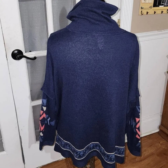 J Jill Womens Navy Blue Aztec Southwestern Cowl Neck Sweater Small Petite - Picture 2 of 4